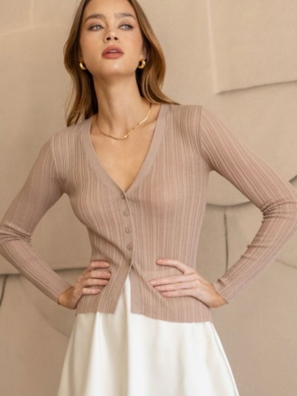 The Workshop, Chic Ribbed Cardigan in Tan, L